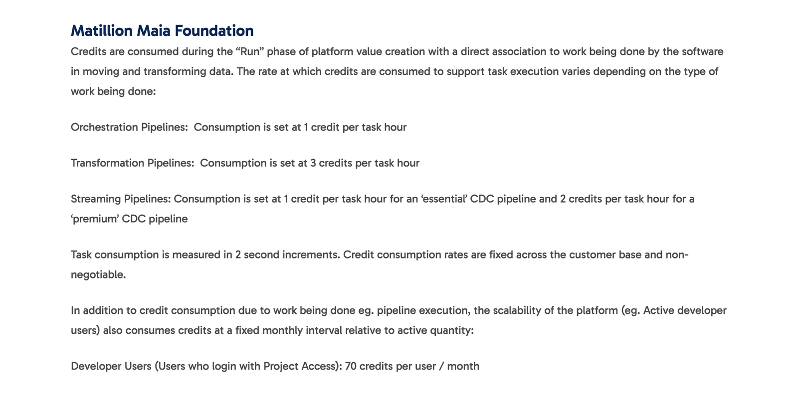 Matillion credit terms table: credits per task hour for orchestration, transformation and streaming pipelines, and per developer user