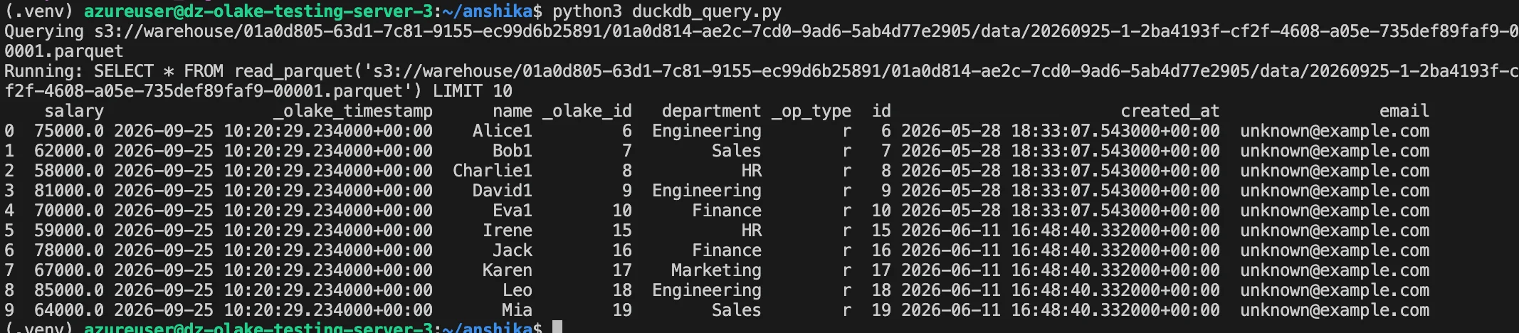 DuckDB query output showing rows from the Iceberg table
