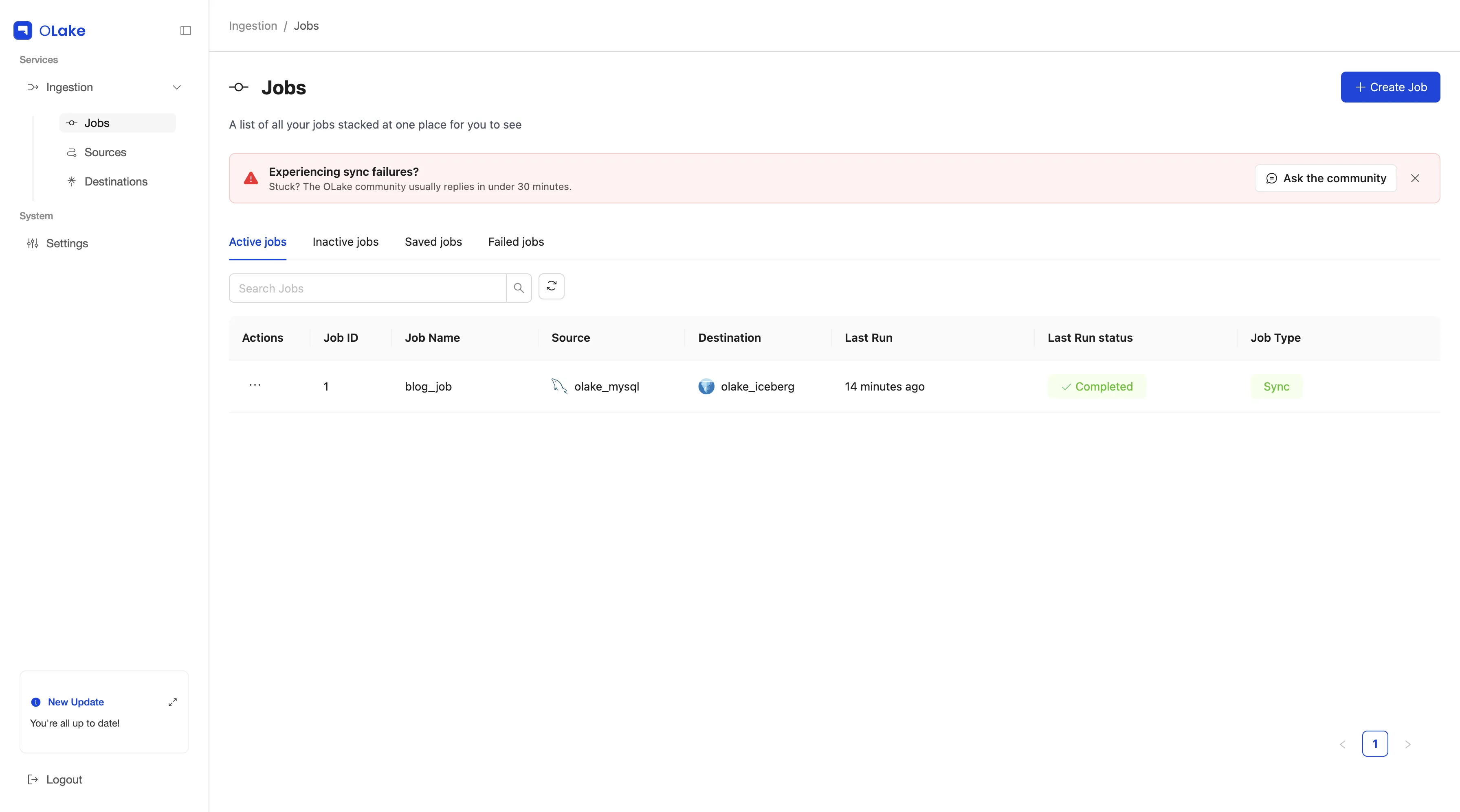 OLake Active jobs tab showing the job with Last Run status Completed