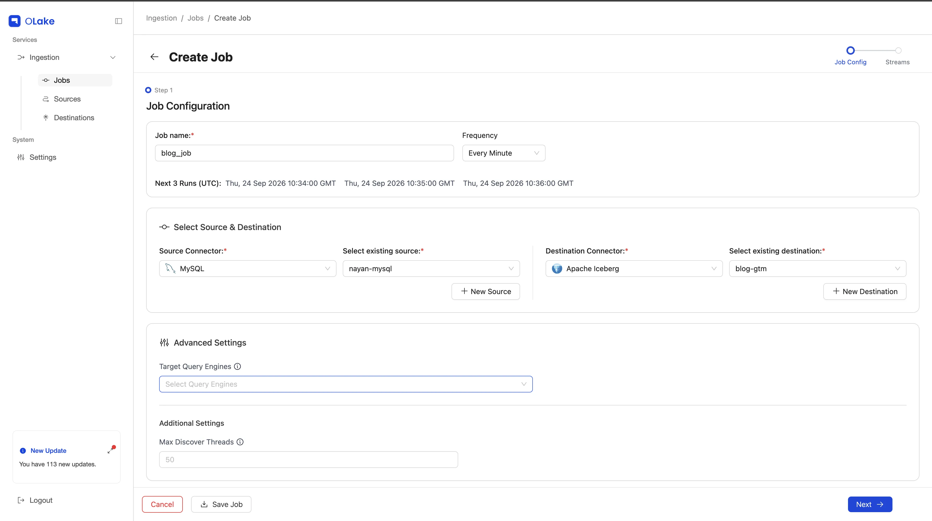 OLake Job Configuration page with job name, frequency, MySQL source and Iceberg destination