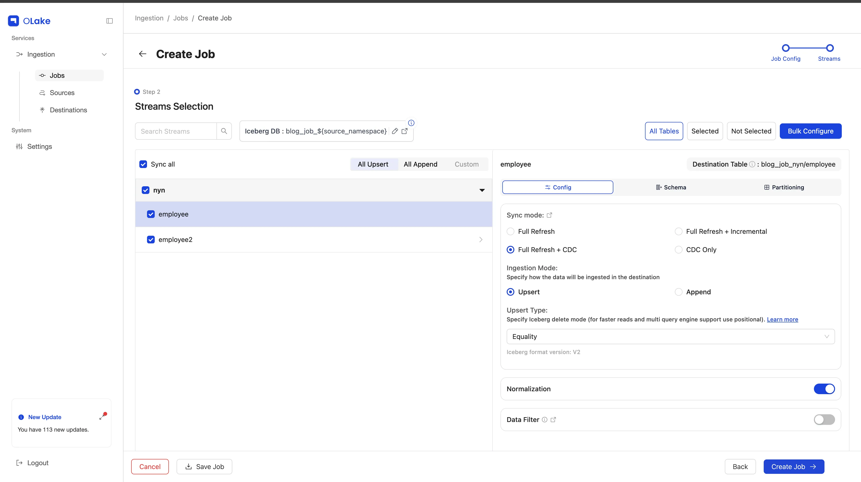 OLake Streams page with table selection and Config tab settings
