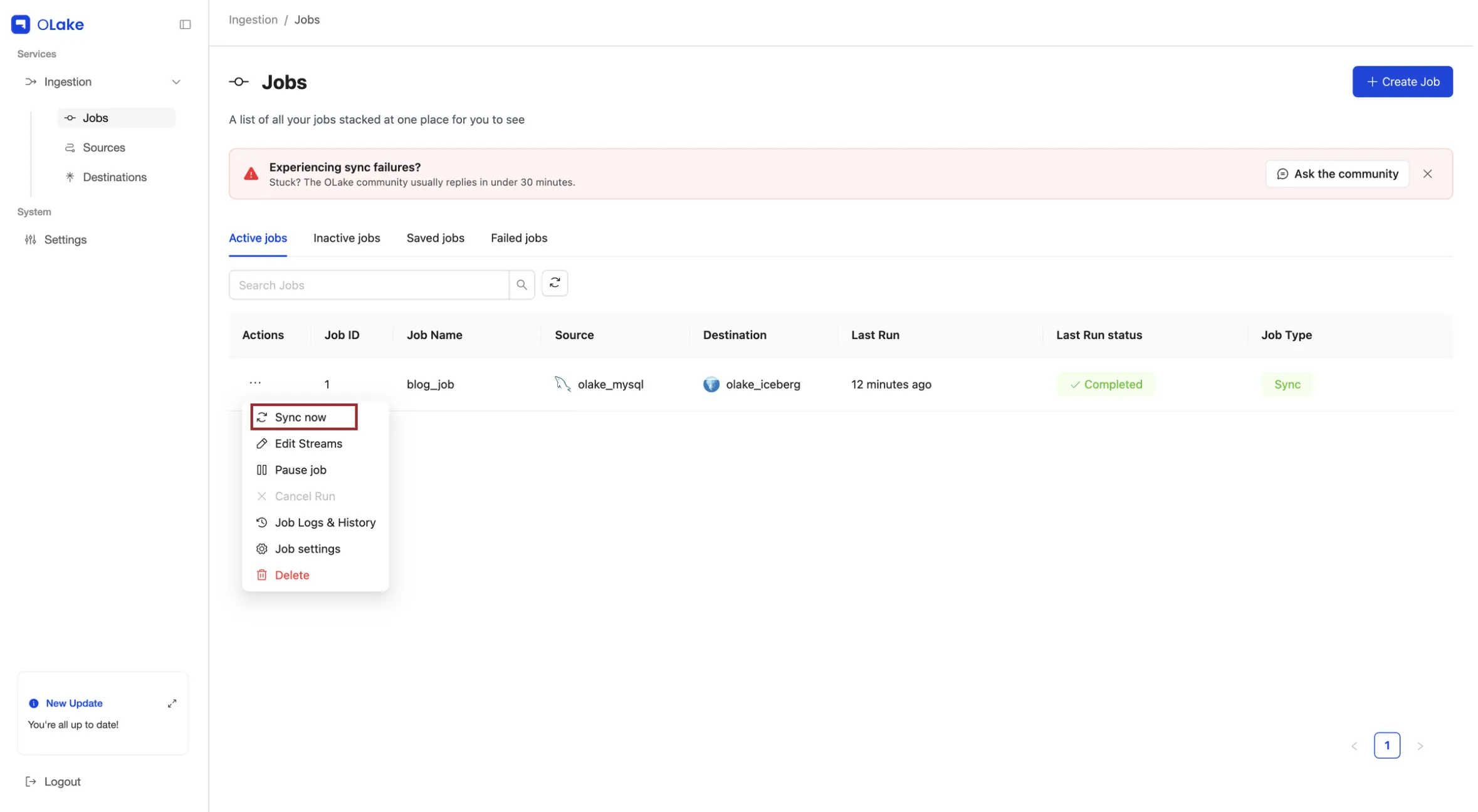 OLake job Actions menu with the Sync now option