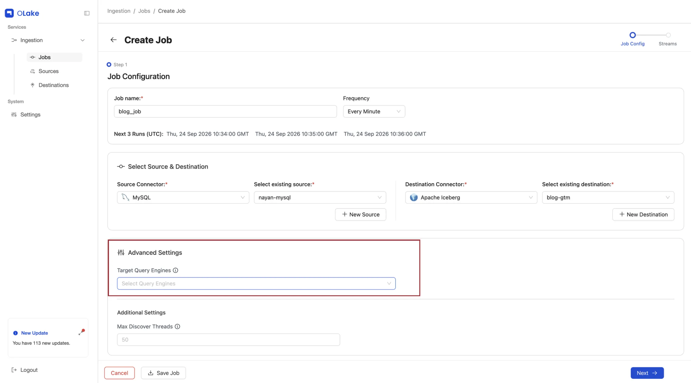 Target Query Engines dropdown under Advanced Settings in the OLake job configuration
