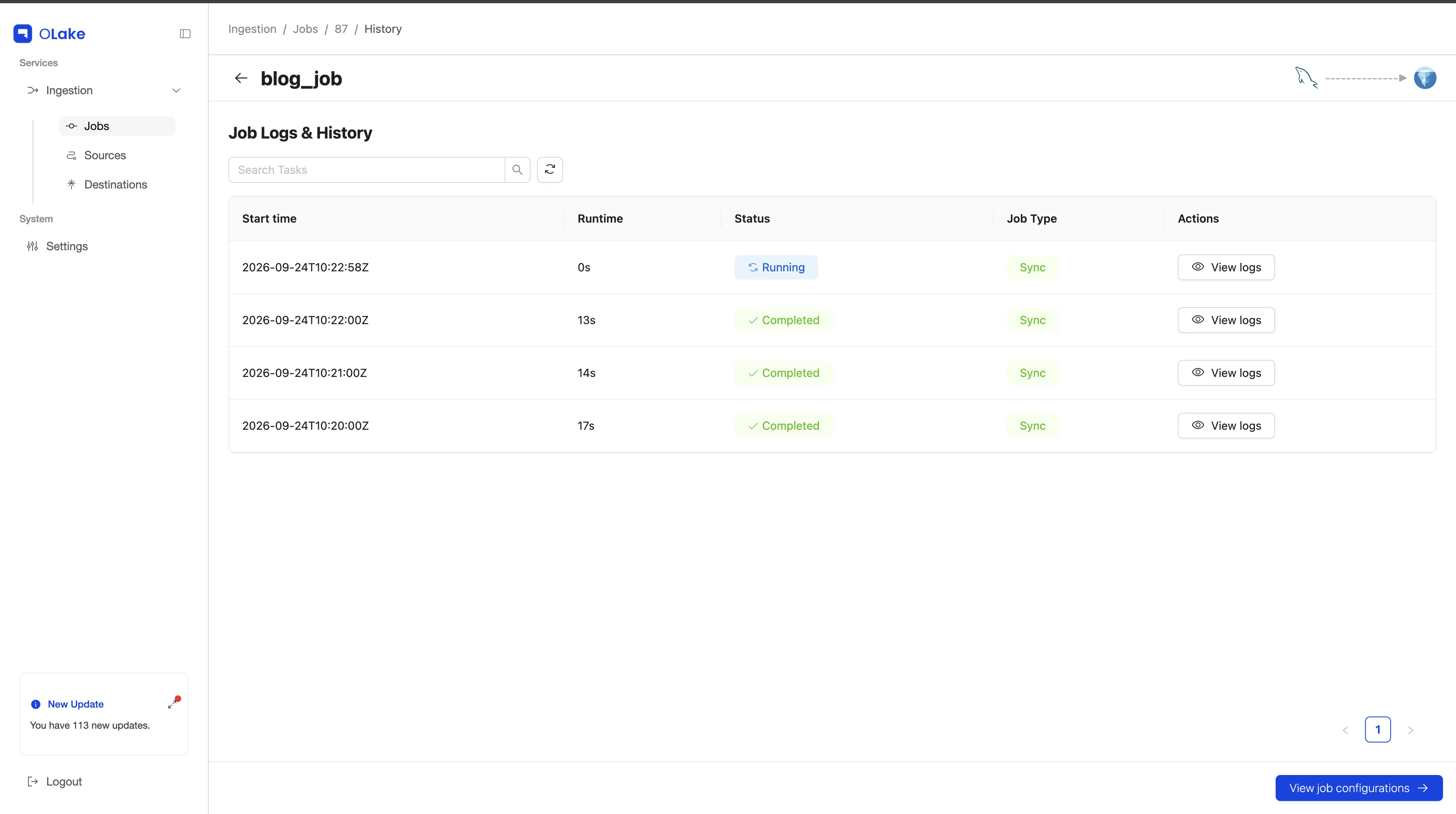 OLake Job Logs & History page listing each run with start time, runtime and status