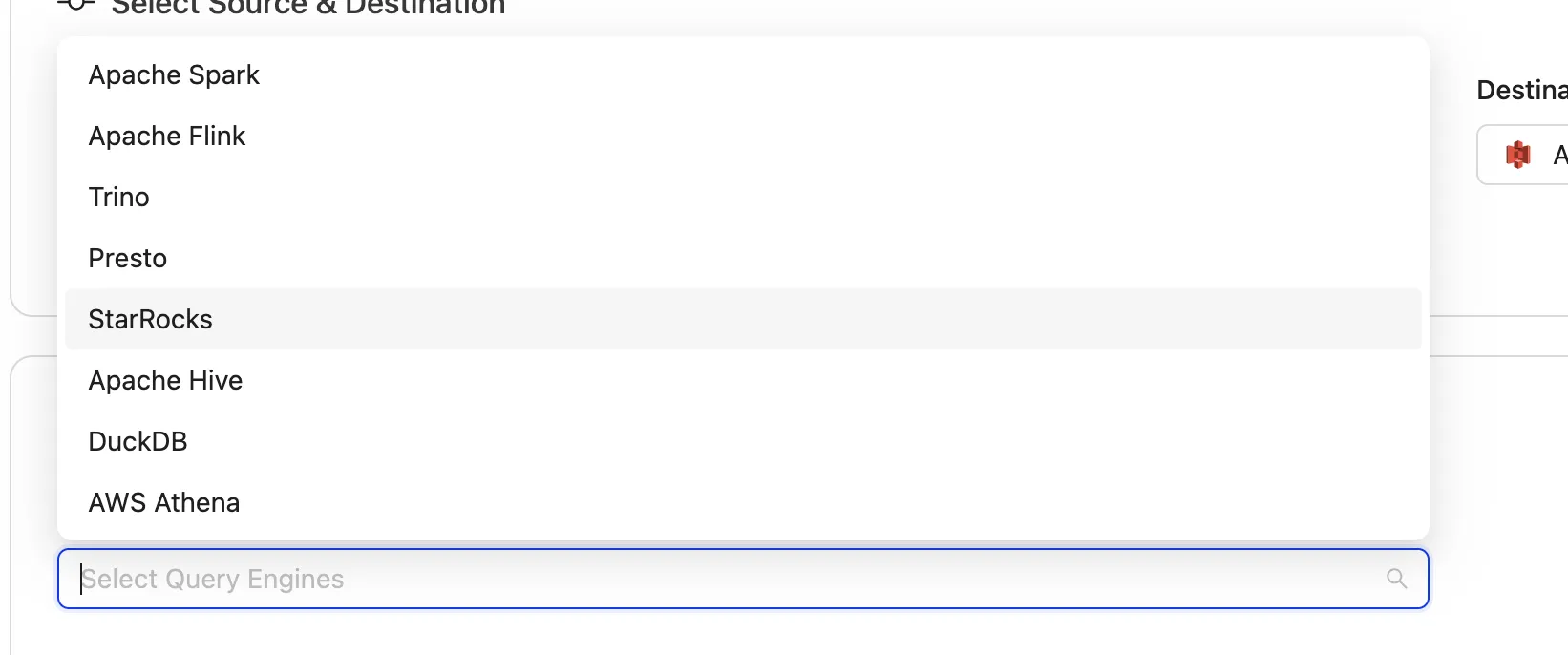 Target Query Engines dropdown list with Apache Spark selected