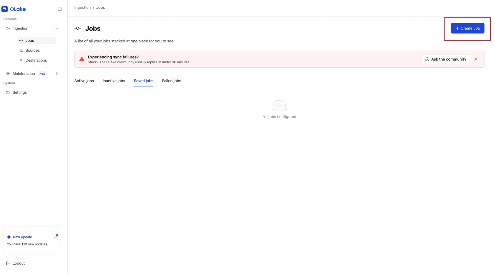 OLake UI Jobs page with the + Create Job button at the top right