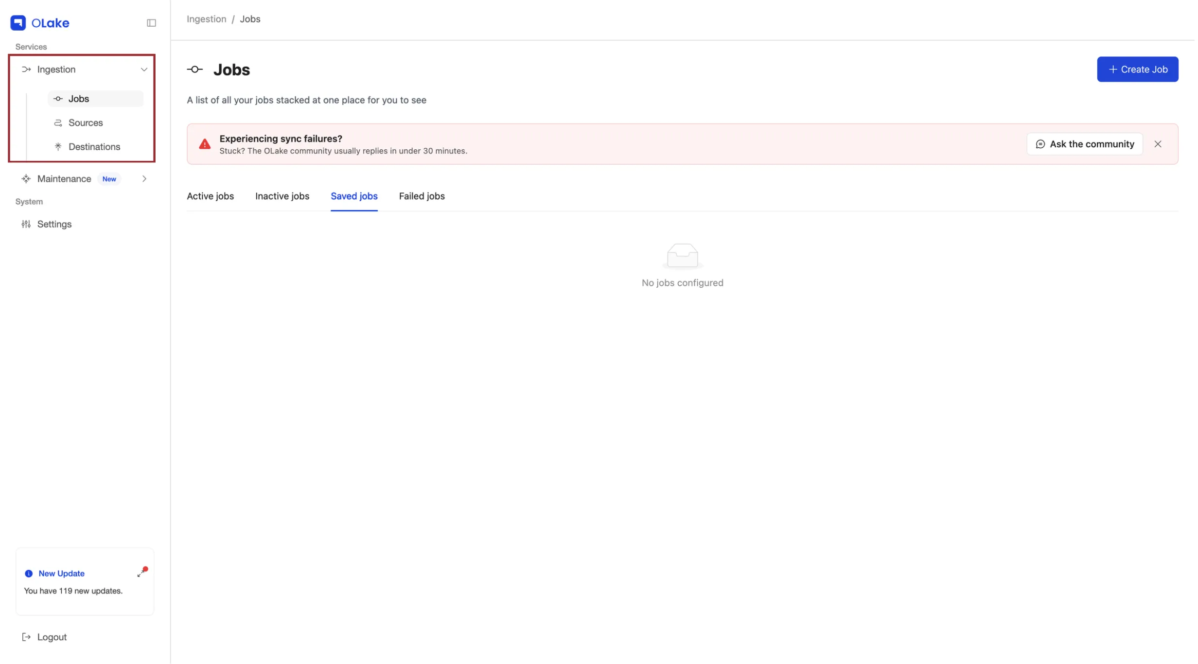 OLake UI left sidebar with Ingestion > Jobs selected