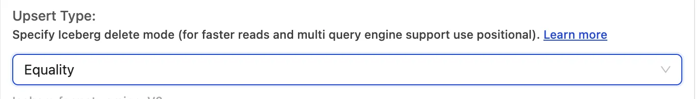 OLake Upsert Type dropdown with Equality selected