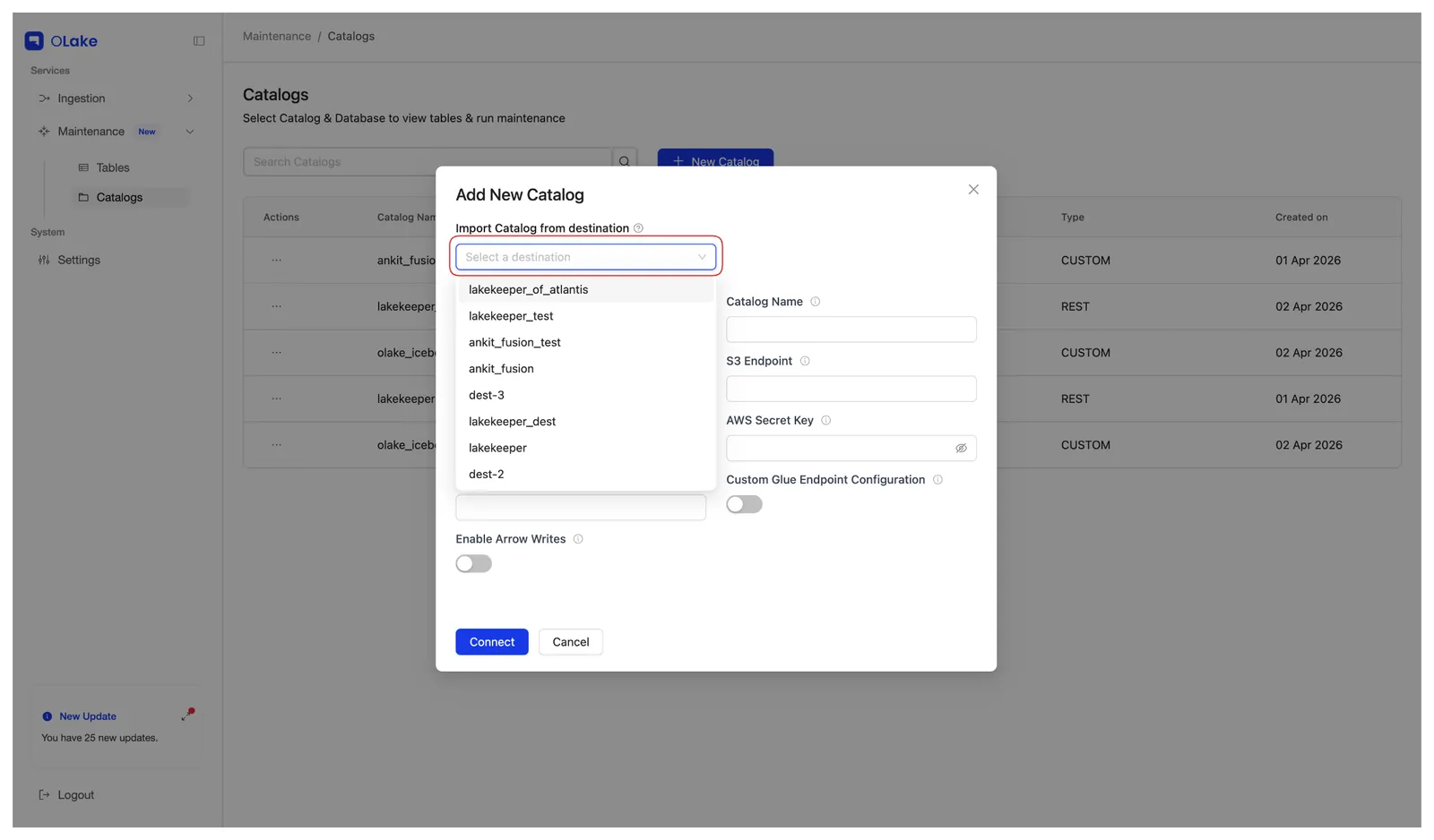 Catalog dropdown