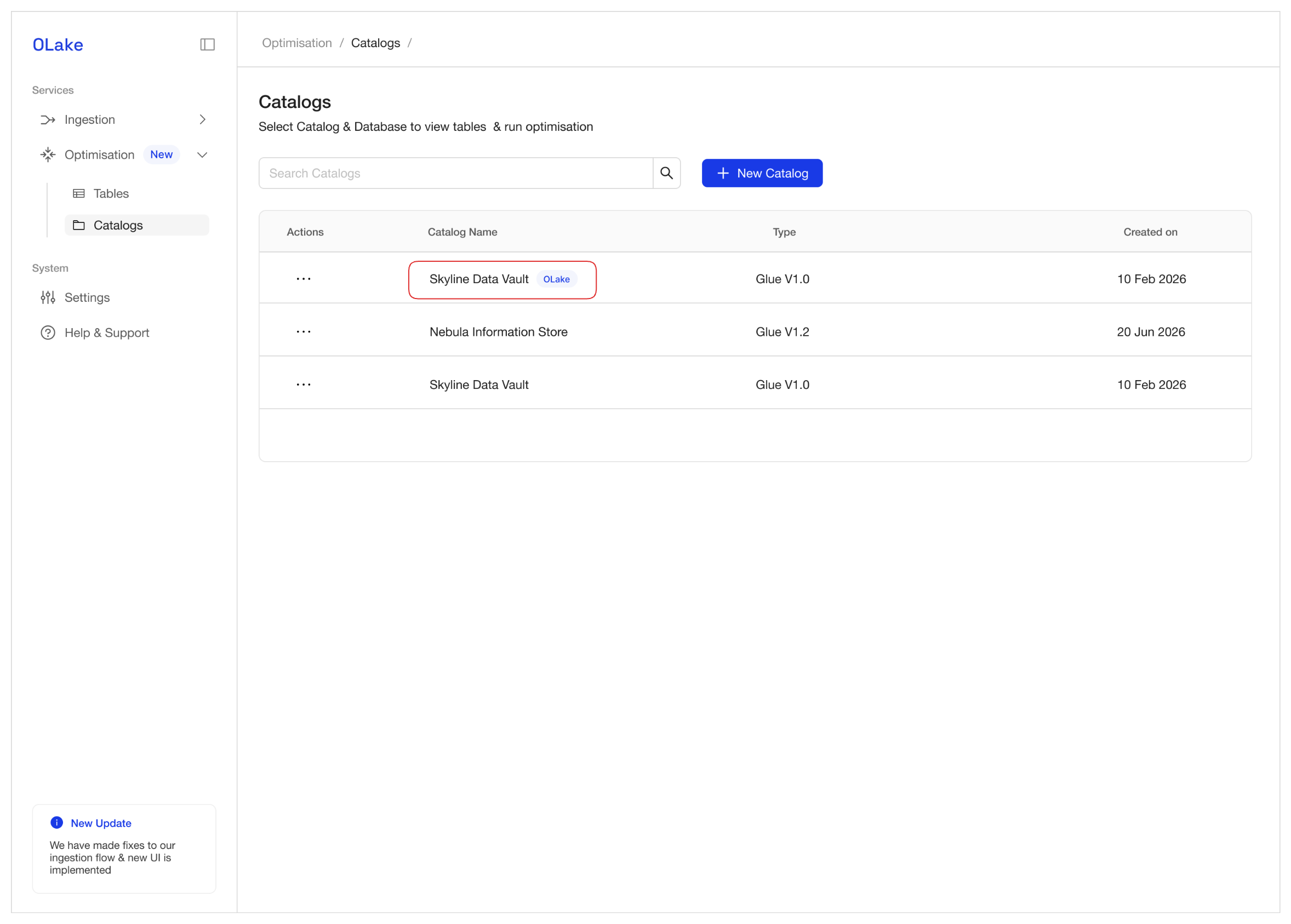 OLake Imported Catalog with OLake label on Catalogs page