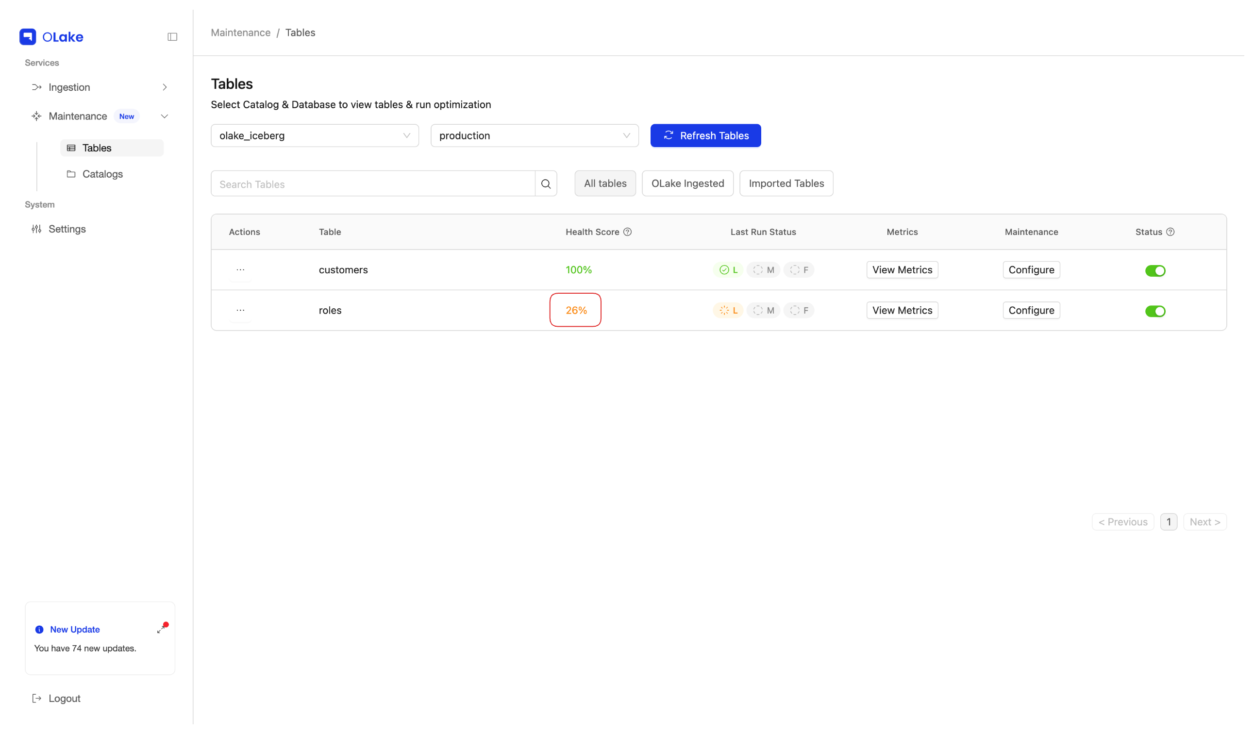 Health Score column on the Tables page