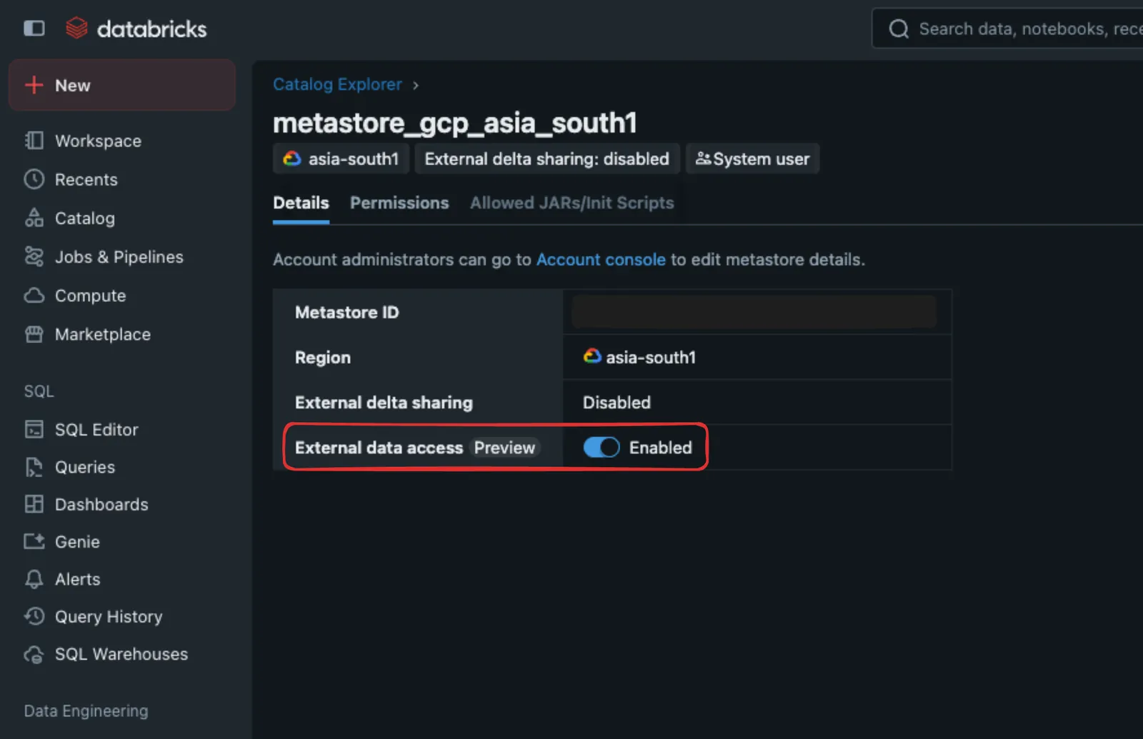 Unity Catalog Metastore External Data Access