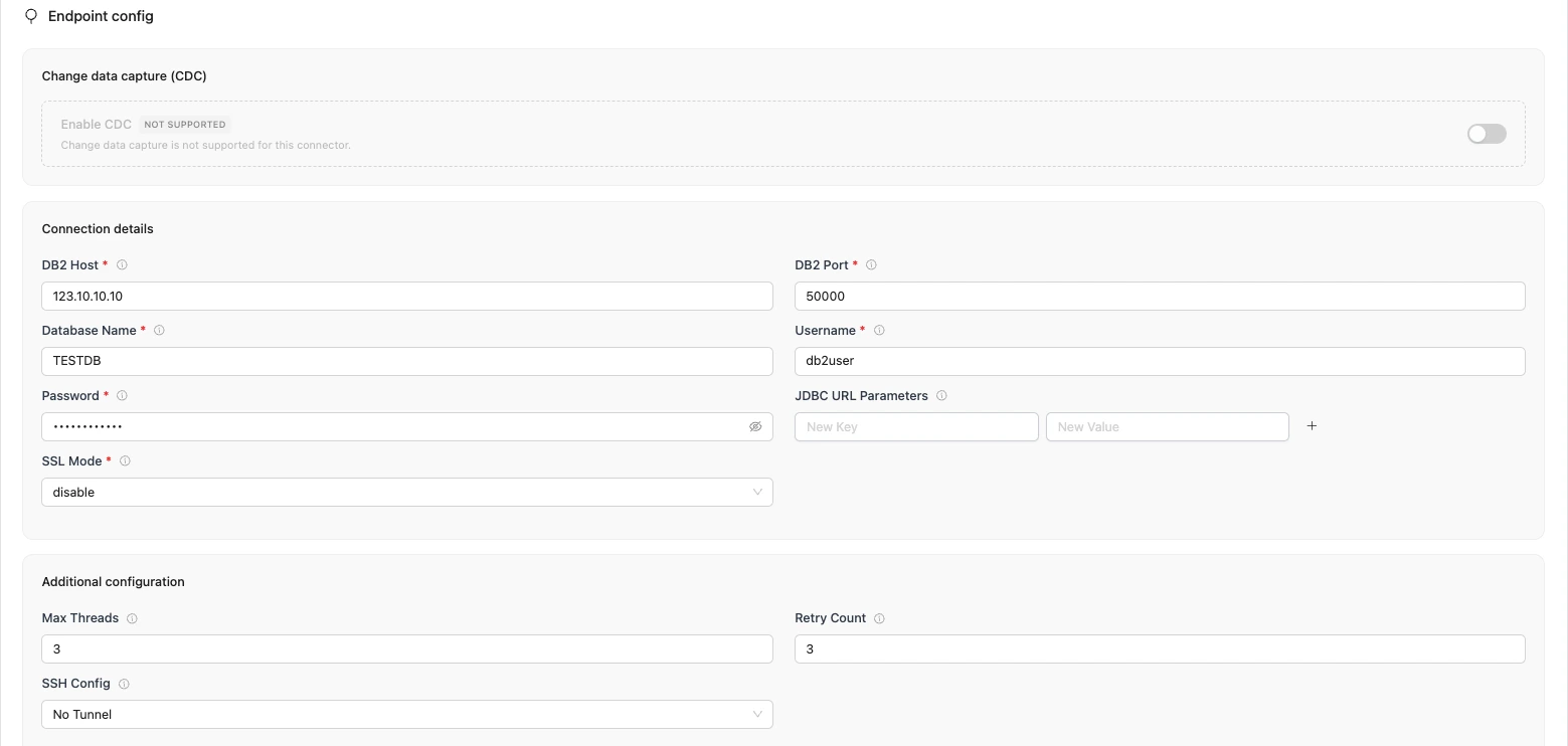 Form for creating a DB2 source in OLake, showing fields for endpoint configuration, authentication, and connection options