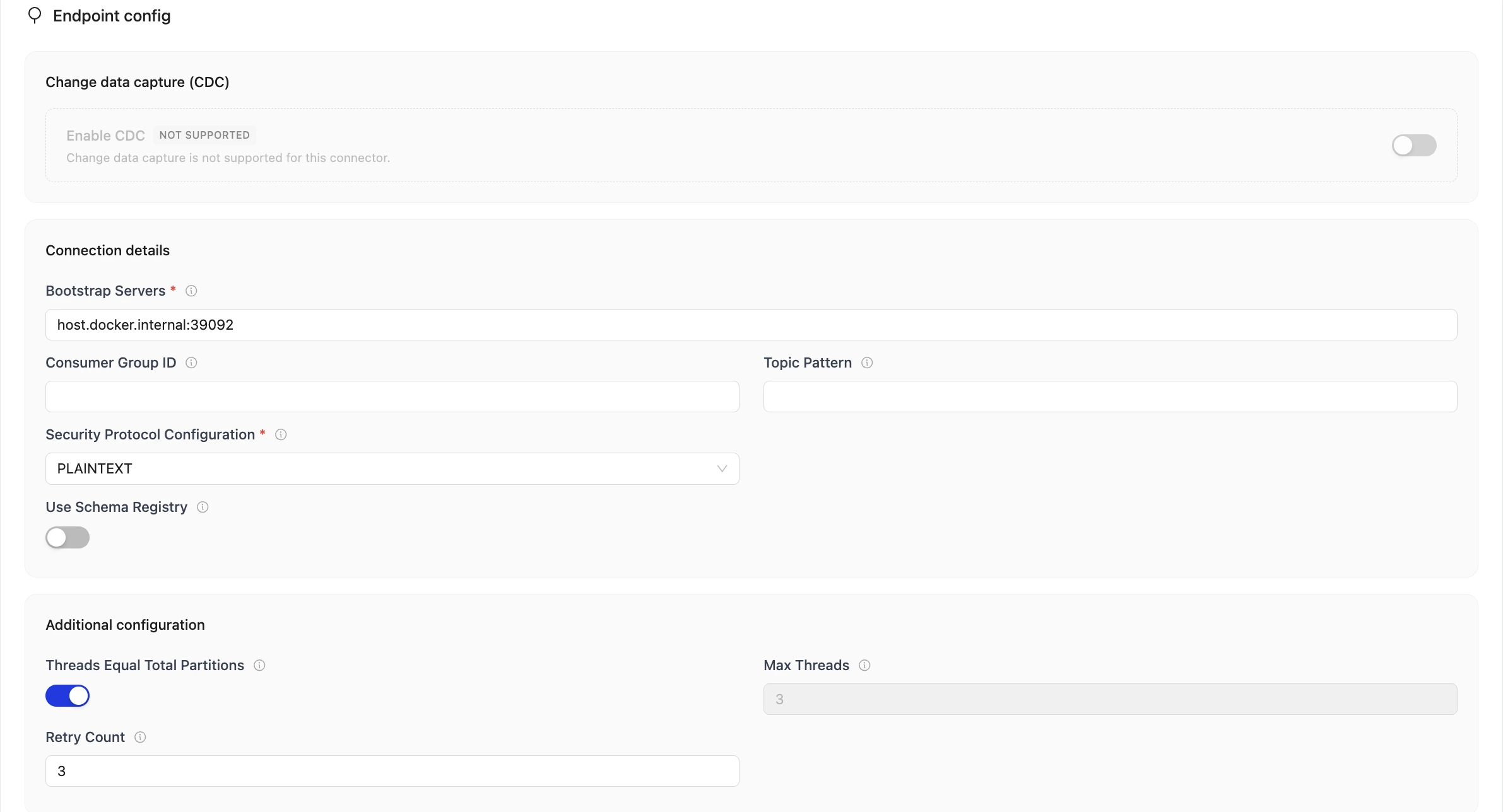OLake Go Kafka source setup with endpoint and SSH options