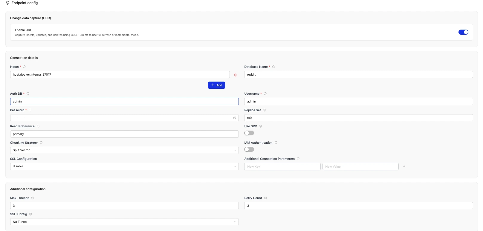 OLake Go MongoDB source setup form with connection and auth fields