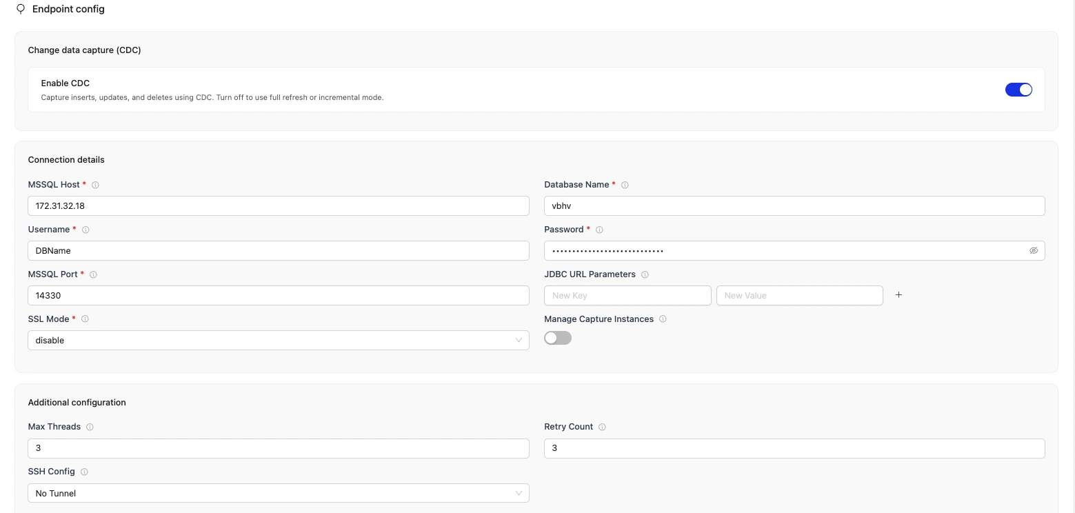 Form for creating a Postgres source in OLake, showing fields for endpoint configuration, authentication, and connection options