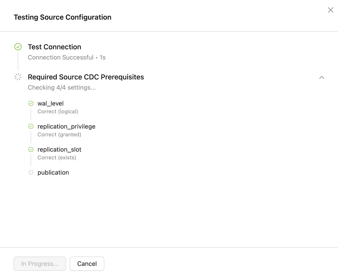 Testing Source Configuration modal showing connection success and required CDC prerequisite checks for wal_level, replication_privilege, replication_slot, and publication