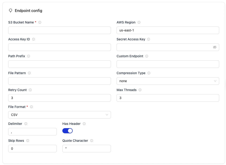 Form for creating a S3 source in OLake, showing fields for endpoint configuration, authentication, and connection options